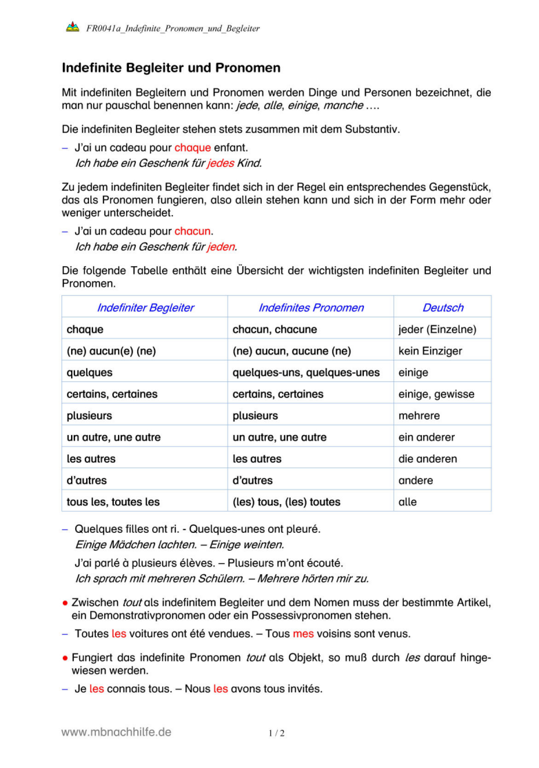 Französisch Arbeitsblatt: Indefinite Begleiter & Pronomen