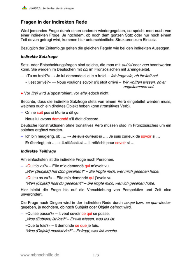 Französisch Arbeitsblatt: Indirekte Fragen – Entscheidungs- & Ergänzungsfragen