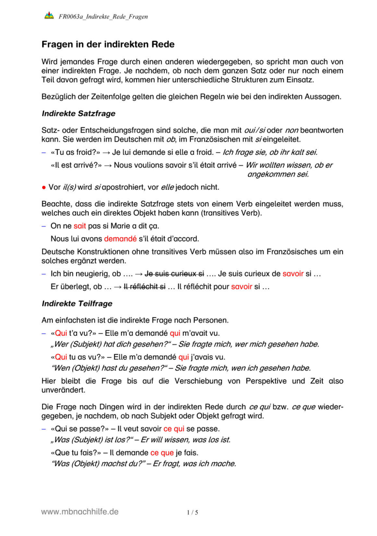 Französisch Arbeitsblatt: Indirekte Fragen – Entscheidungs- & Ergänzungsfragen
