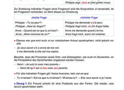 Französisch Arbeitsblatt: Indirekte Rede ohne Zeitverschiebung