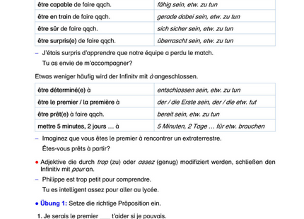 Französisch Arbeitsblatt: Infinitiv nach Adjektiven & Nomen – Verbindungen mit de, à & pour