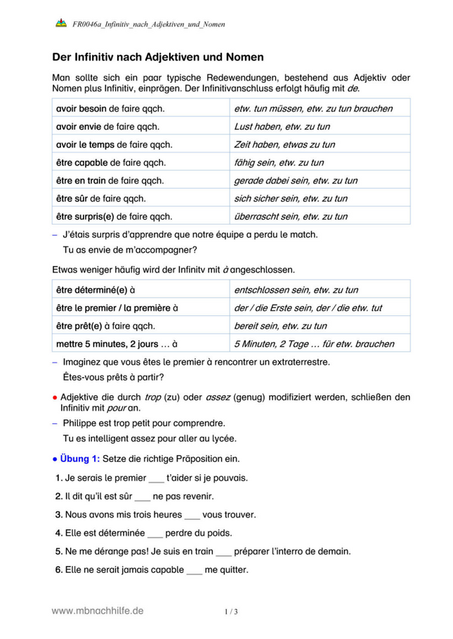 Französisch Arbeitsblatt: Infinitiv nach Adjektiven & Nomen – Verbindungen mit de, à & pour
