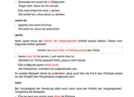 Französisch Arbeitsblatt: Infinitivsätze mit après, avant de, pour und sans