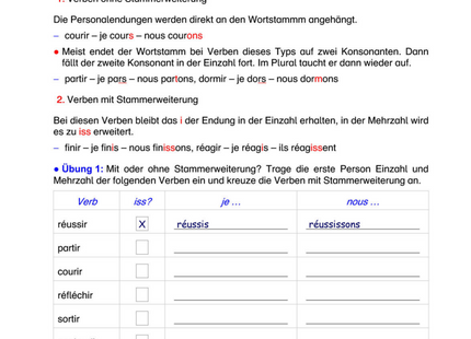 Französisch Arbeitsblatt: Konjugation regelmäßiger Verben auf -ir im Présent