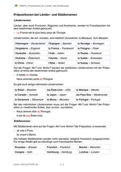 Französisch Arbeitsblatt: Länder- und Städtenamen mit Präpositionen