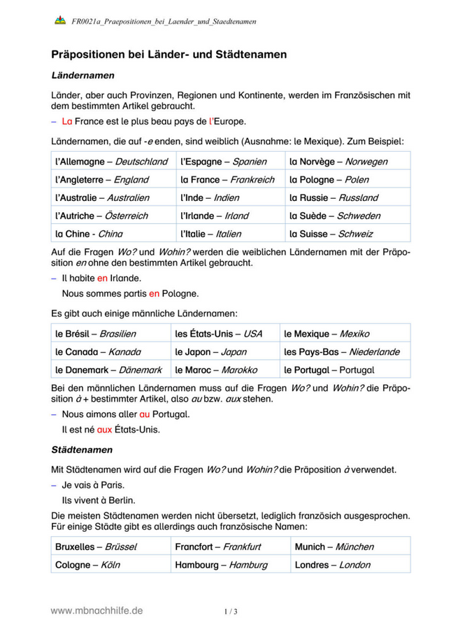 Französisch Arbeitsblatt: Länder- und Städtenamen mit Präpositionen – à, en, au, aux