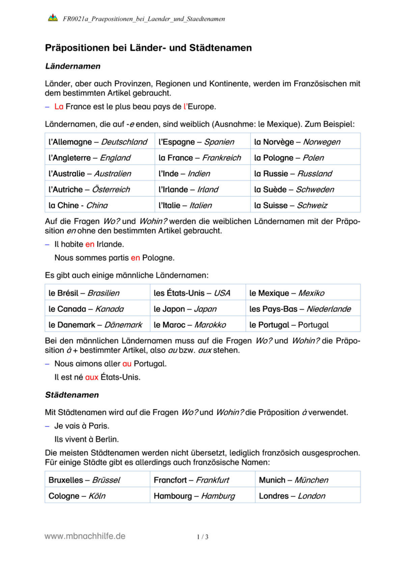 Französisch Arbeitsblatt: Länder- und Städtenamen mit Präpositionen – à, en, au, aux