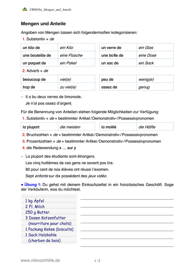 Französisch Arbeitsblatt: Mengen- und Anteilangaben – kilo de, pour cent, sur …