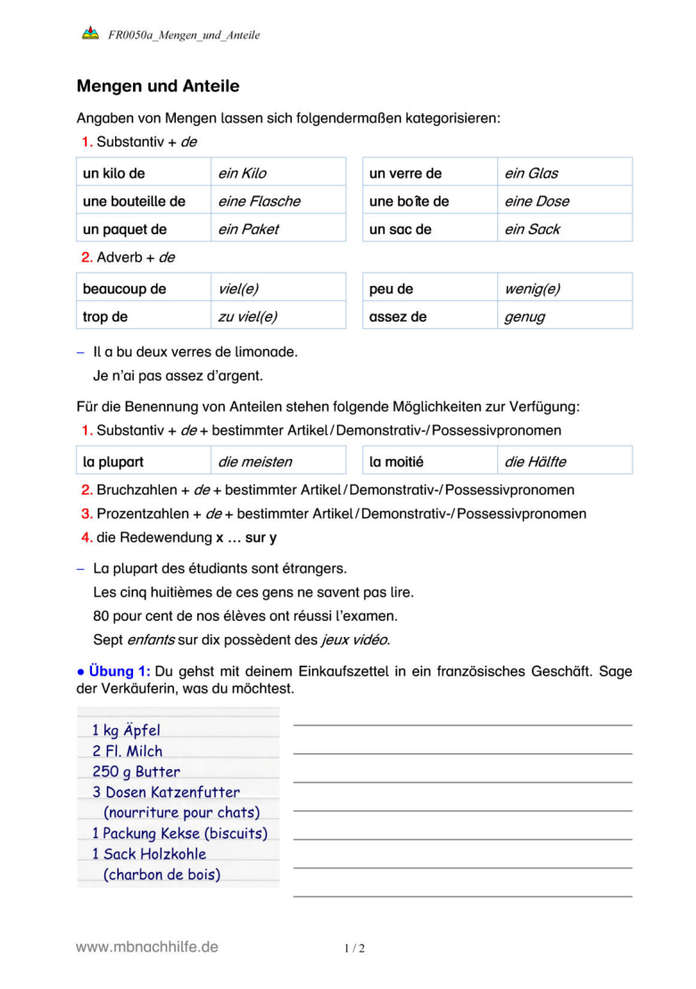 Französisch Arbeitsblatt: Mengen- und Anteilangaben – kilo de, pour cent, sur …