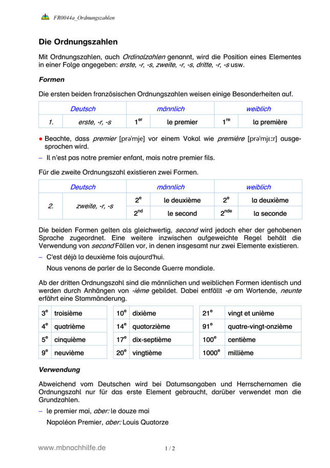 Französisch Arbeitsblatt: Ordnungszahlen – Bildung, Gebrauch & Übungen