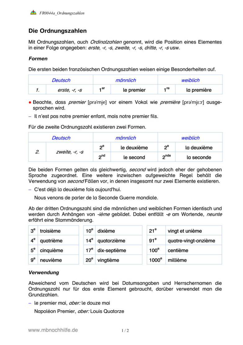 Französisch Arbeitsblatt: Ordnungszahlen – Bildung, Gebrauch & Übungen