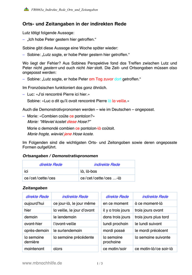 Französisch Arbeitsblatt: Orts- und Zeitangaben in der indirekten Rede