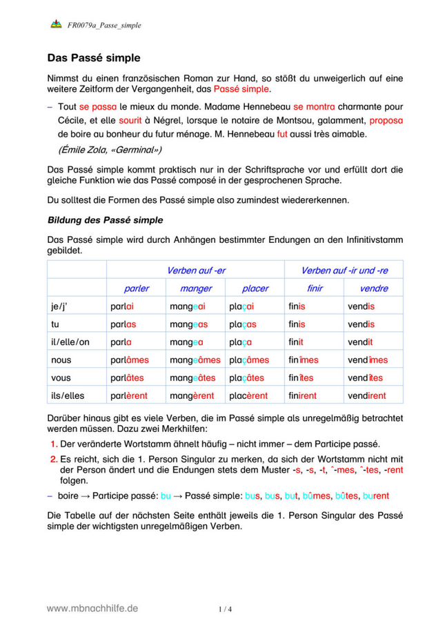 Französisch Arbeitsblatt: Passé simple – Bildung, unregelmäßige Verben & Übungen