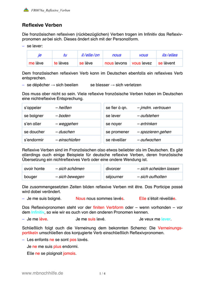 Französisch Arbeitsblatt: Reflexive Verben – Präsens, passé composé & futur proche