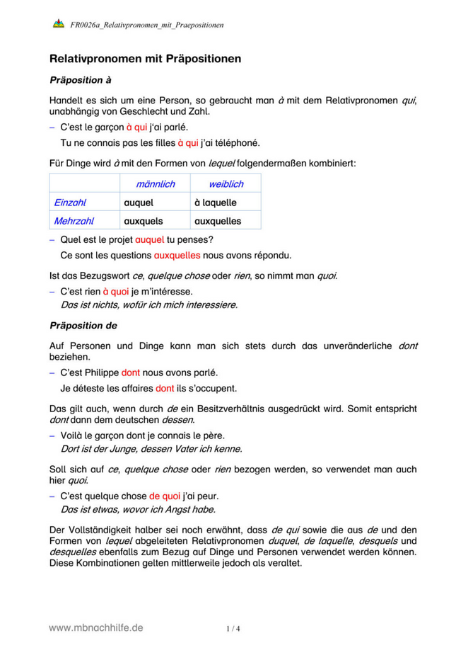 Französisch Arbeitsblatt: Relativpronomen mit Präpositionen