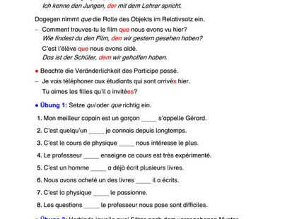 Französisch Arbeitsblatt: Relativpronomen qui & que