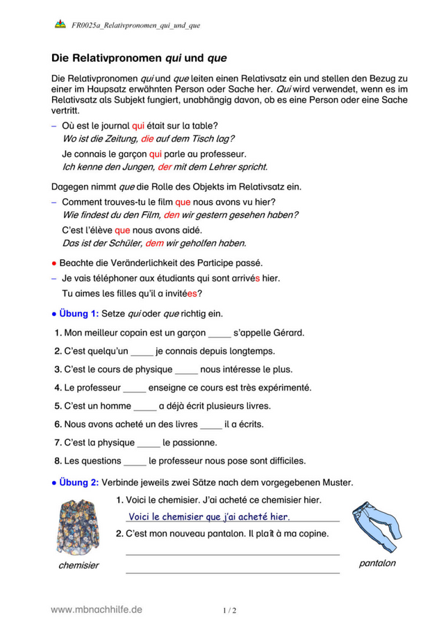 Französisch Arbeitsblatt: Relativpronomen qui & que