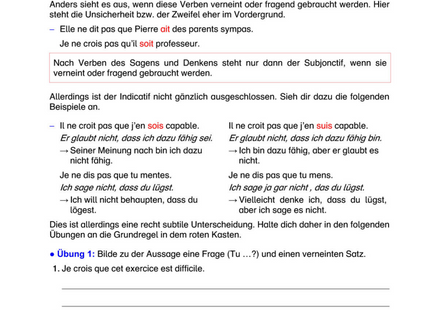 Französisch Arbeitsblatt: Subjonctif nach Verben des Sagens & Denkens