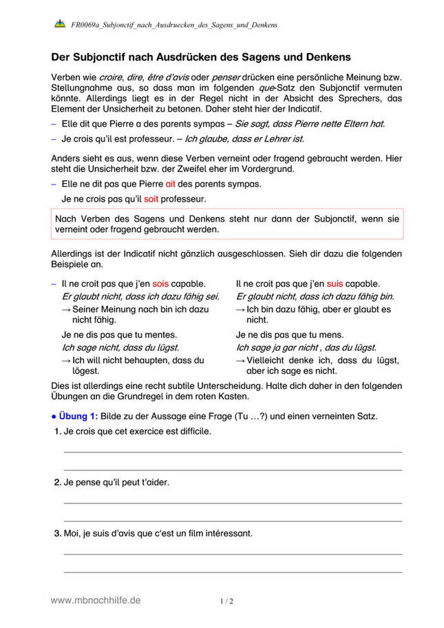 Französisch Arbeitsblatt: Subjonctif nach Verben des Sagens & Denkens