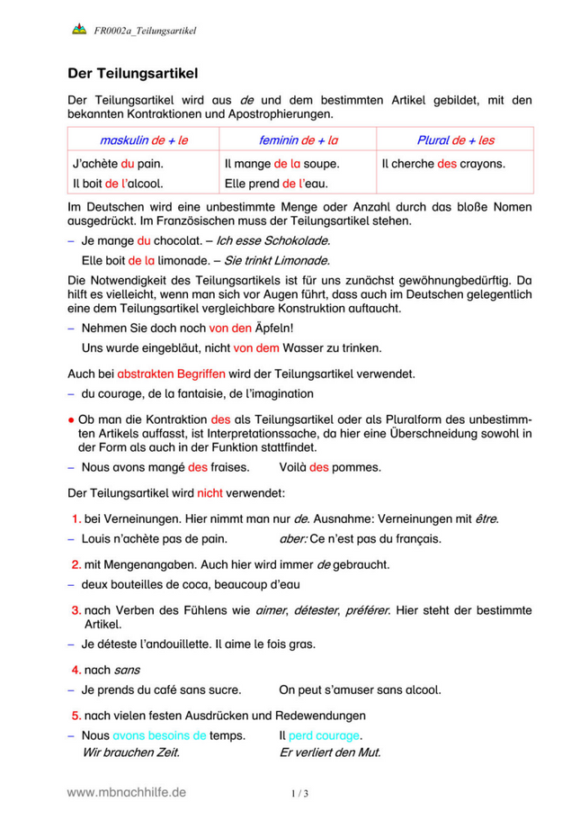 Französisch Arbeitsblatt: Teilungsartikel – du, de la, de l’