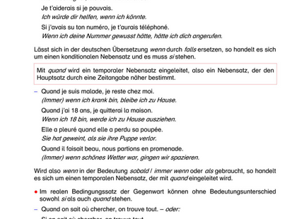 Französisch Arbeitsblatt: Unterschied zwischen si und quand im Französischen