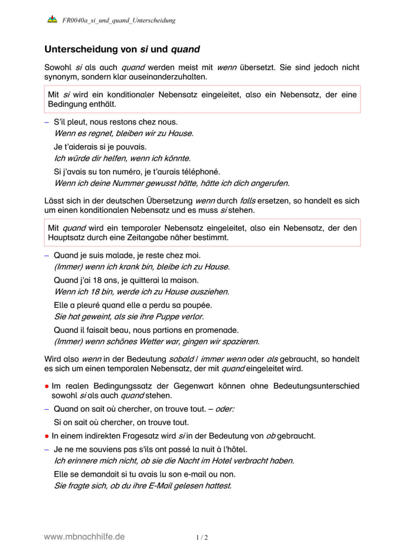 Französisch Arbeitsblatt: Unterschied zwischen si und quand im Französischen