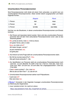 Französisch Arbeitsblatt: Unverbundene Personalpronomen