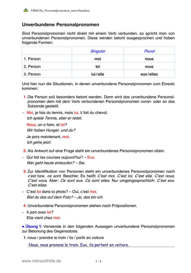 Französisch Arbeitsblatt: Unverbundene Personalpronomen