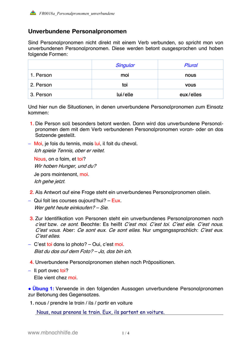 Französisch Arbeitsblatt: Unverbundene Personalpronomen