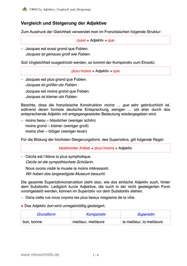 Französisch Arbeitsblatt: Vergleich & Steigerung von Adjektiven