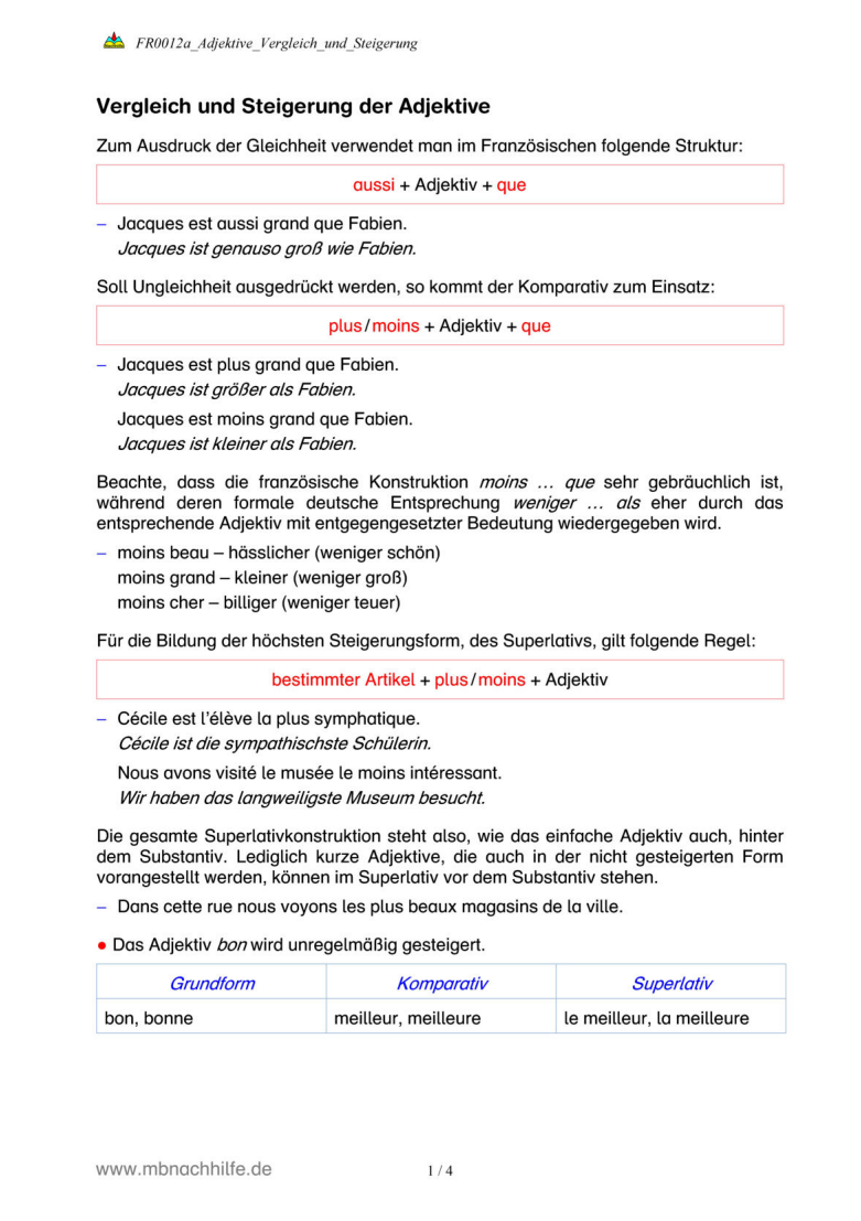 Französisch Arbeitsblatt: Vergleich & Steigerung von Adjektiven