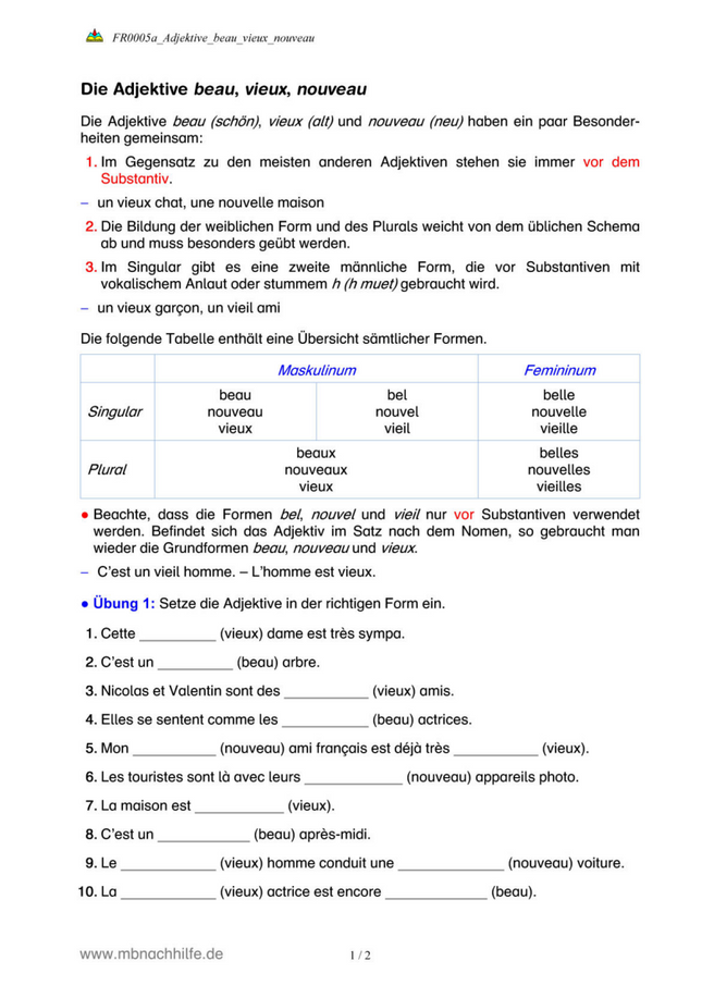 Französisch Arbeitsblatt: beau, vieux, nouveau – Formen, Gebrauch & Übungen