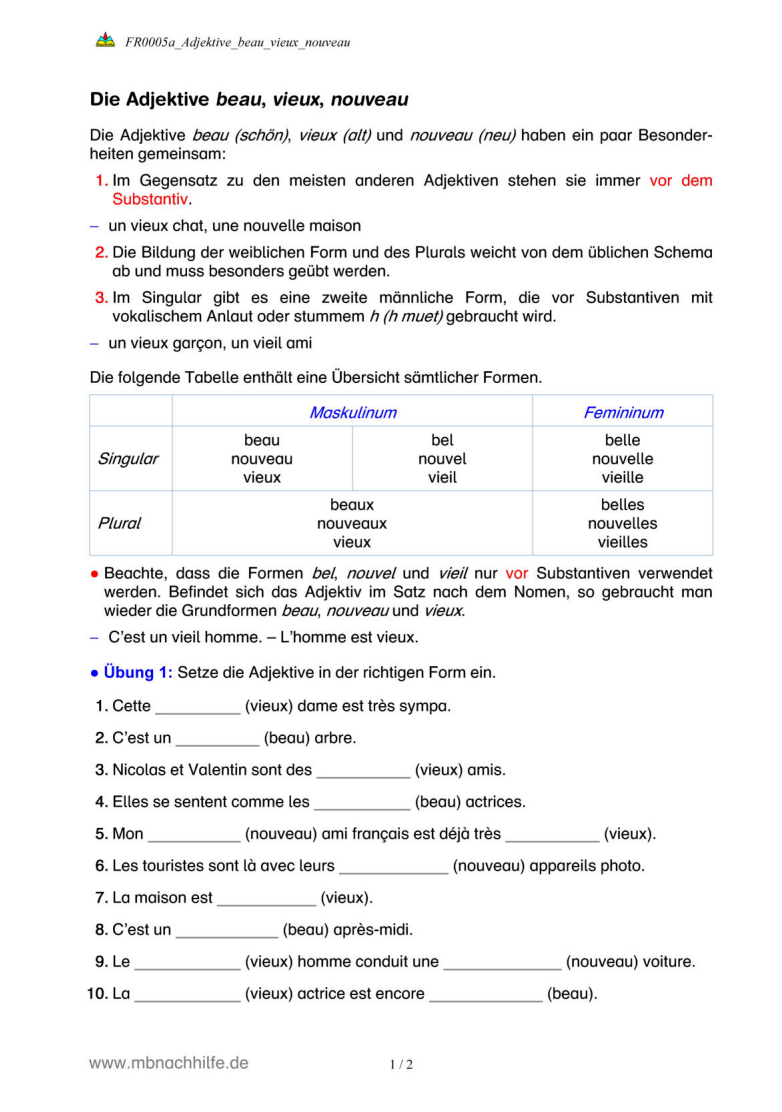 Französisch Arbeitsblatt: beau, vieux, nouveau – Formen, Gebrauch & Übungen