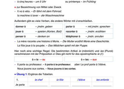 Französisch Arbeitsblatt: à + bestimmter Artikel – Anwendung von au, à la, à l’, aux