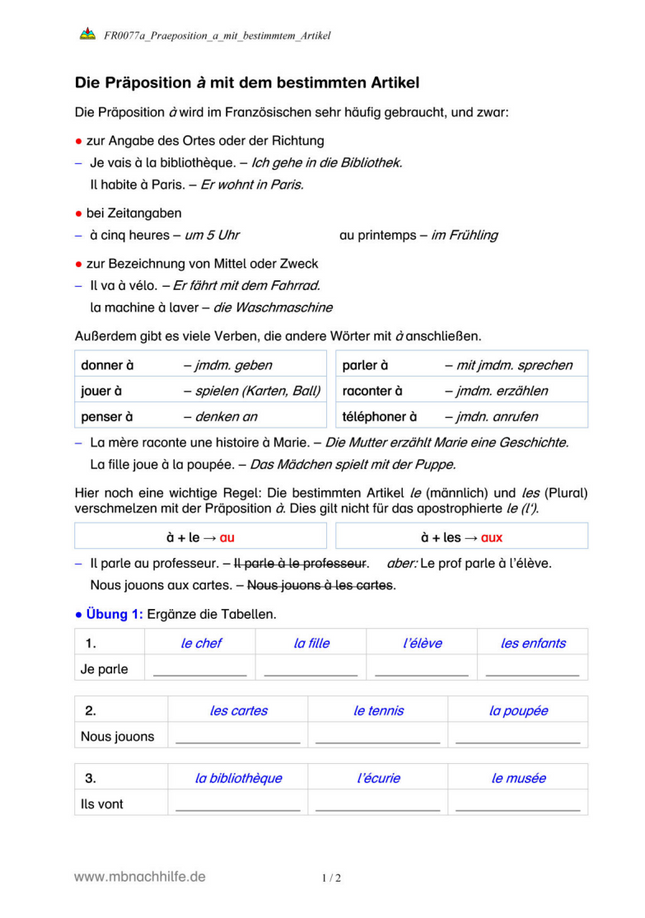 Französisch Arbeitsblatt: à + bestimmter Artikel – Anwendung von au, à la, à l’, aux