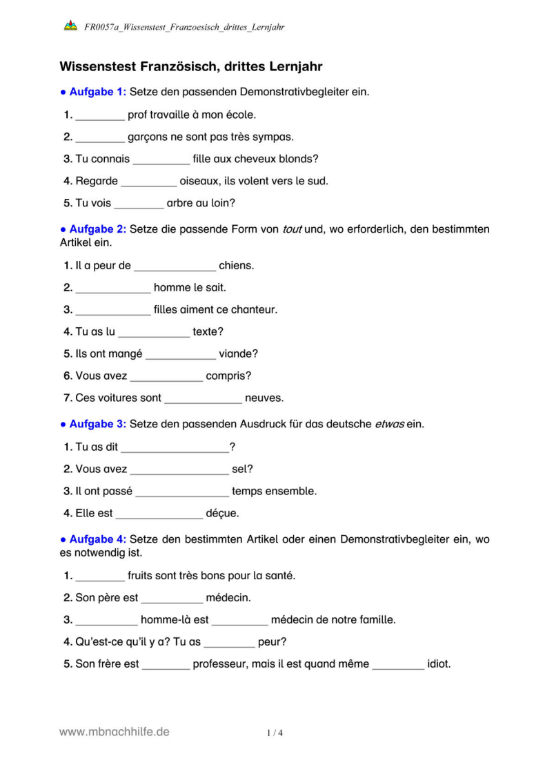Französisch Wissentest – Überblick über wichtige Grammatikthemen im 3. Lernjahr