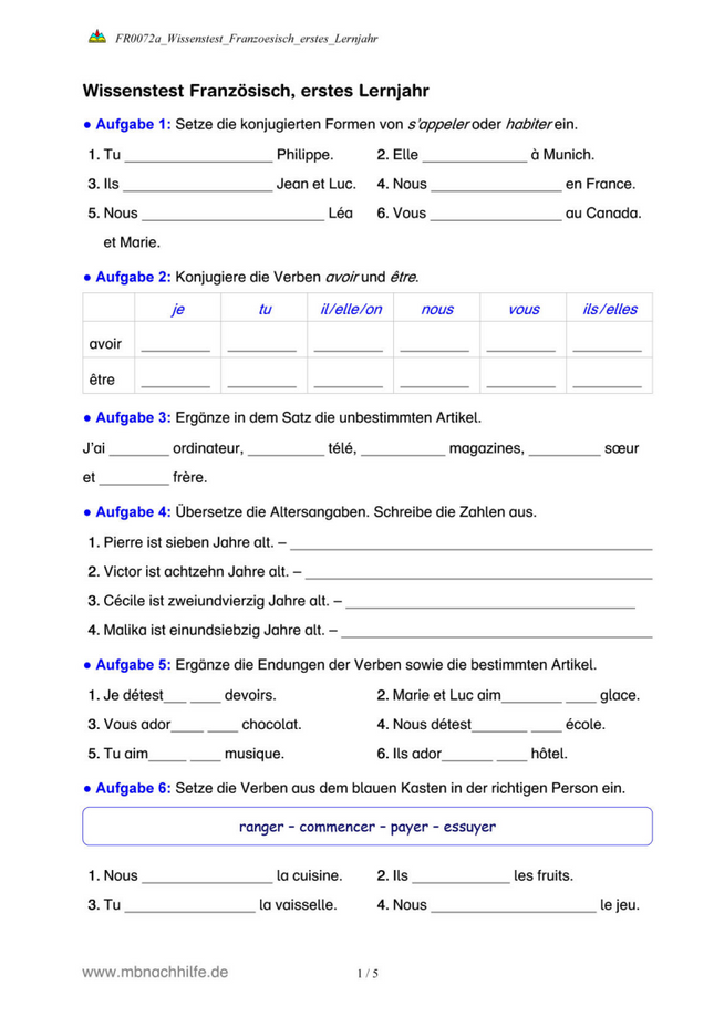 Französisch Wissentest – Überblick im 1. Lernjahr (A1)