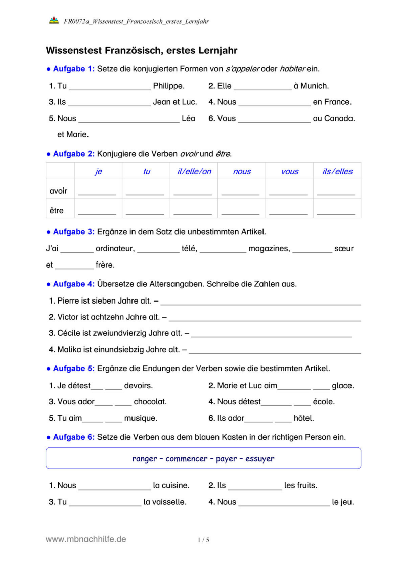 Französisch Wissentest – Überblick im 1. Lernjahr (A1)