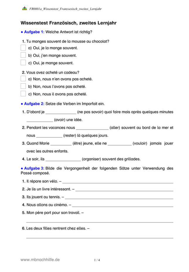 Französisch Wissentest – Überblick im 2. Lernjahr