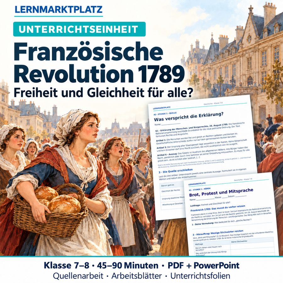 Unterrichtseinheit Französische Revolution 1789 für Klasse 7–8: Freiheit und Gleichheit für alle? Mit Quellenarbeit, Arbeitsblättern und Unterrichtsfolien als PDF und PowerPoint.