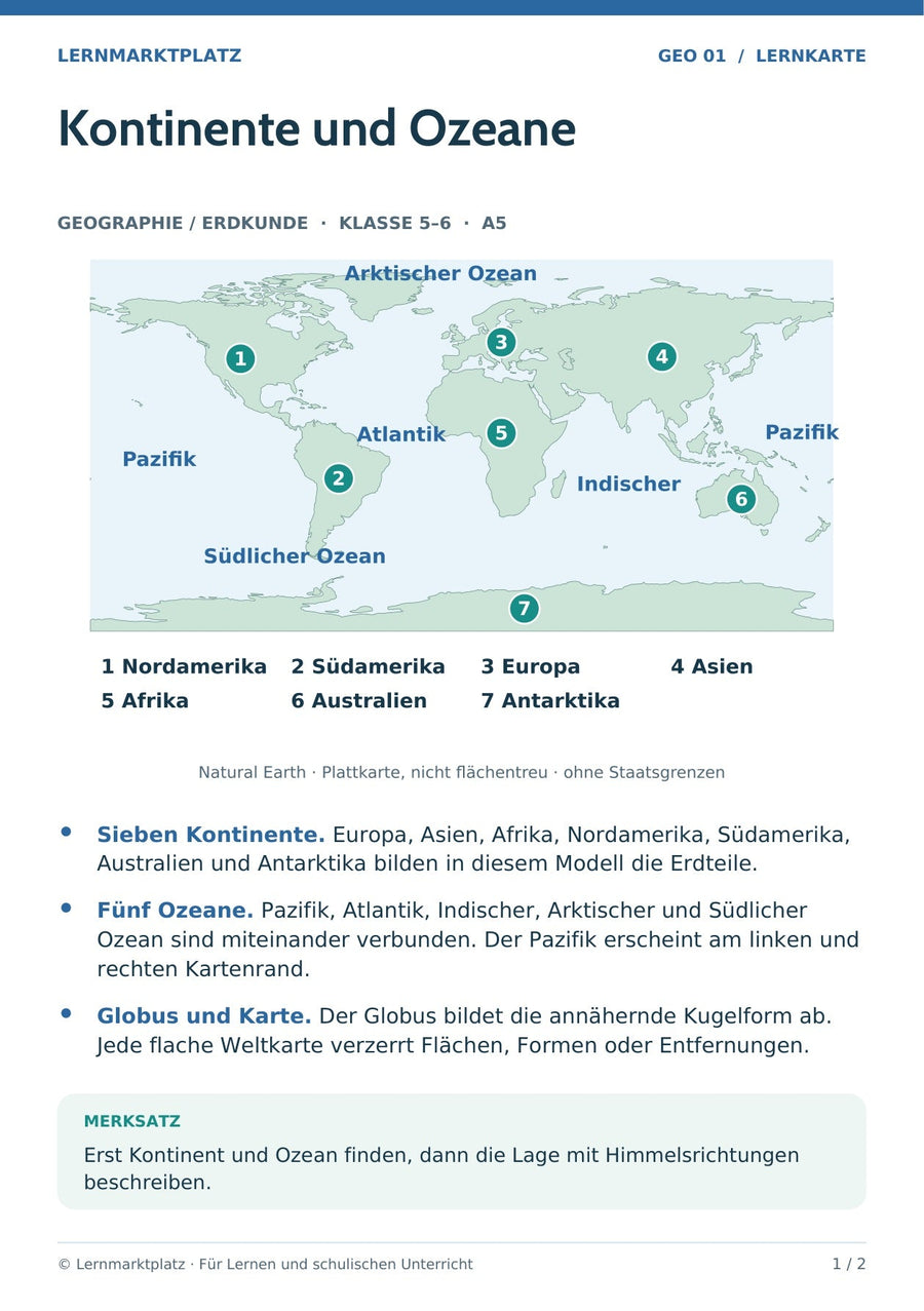 Geographie / Erdkunde: Kontinente und Ozeane – Vorderseite der A5-Lernkarte