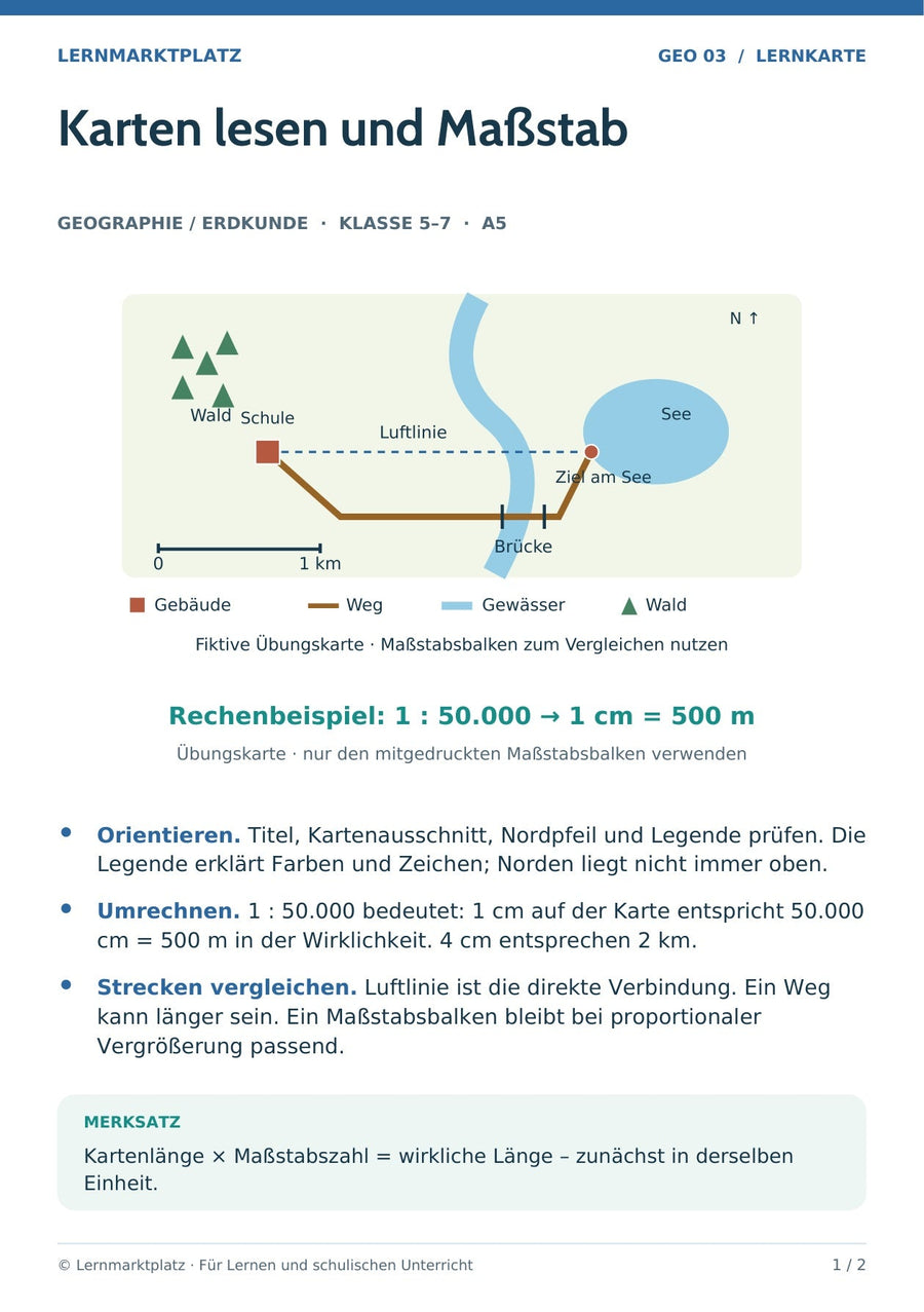 Geographie / Erdkunde: Karten lesen und Maßstab – Vorderseite der A5-Lernkarte