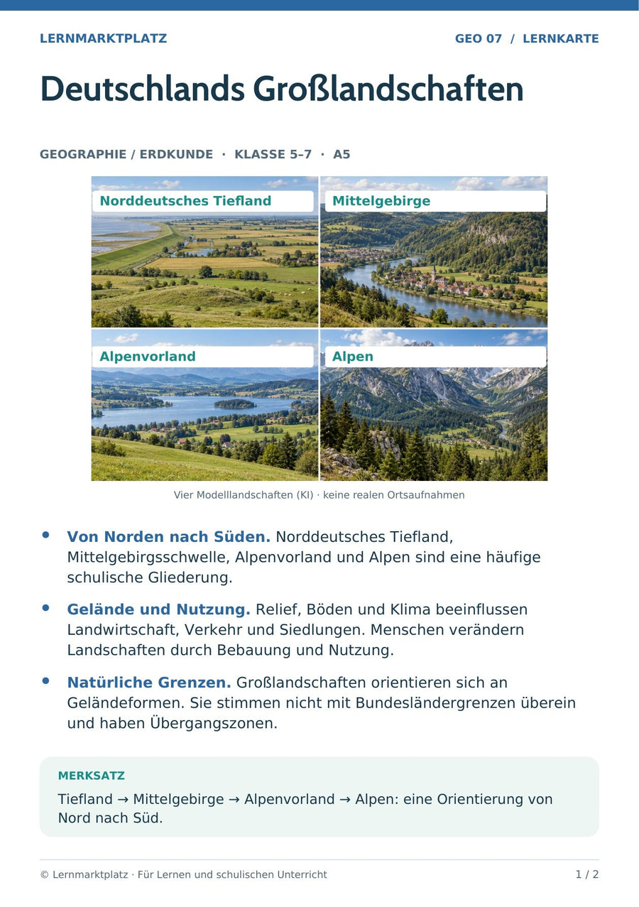 Geographie / Erdkunde: Deutschlands Großlandschaften – Vorderseite der A5-Lernkarte