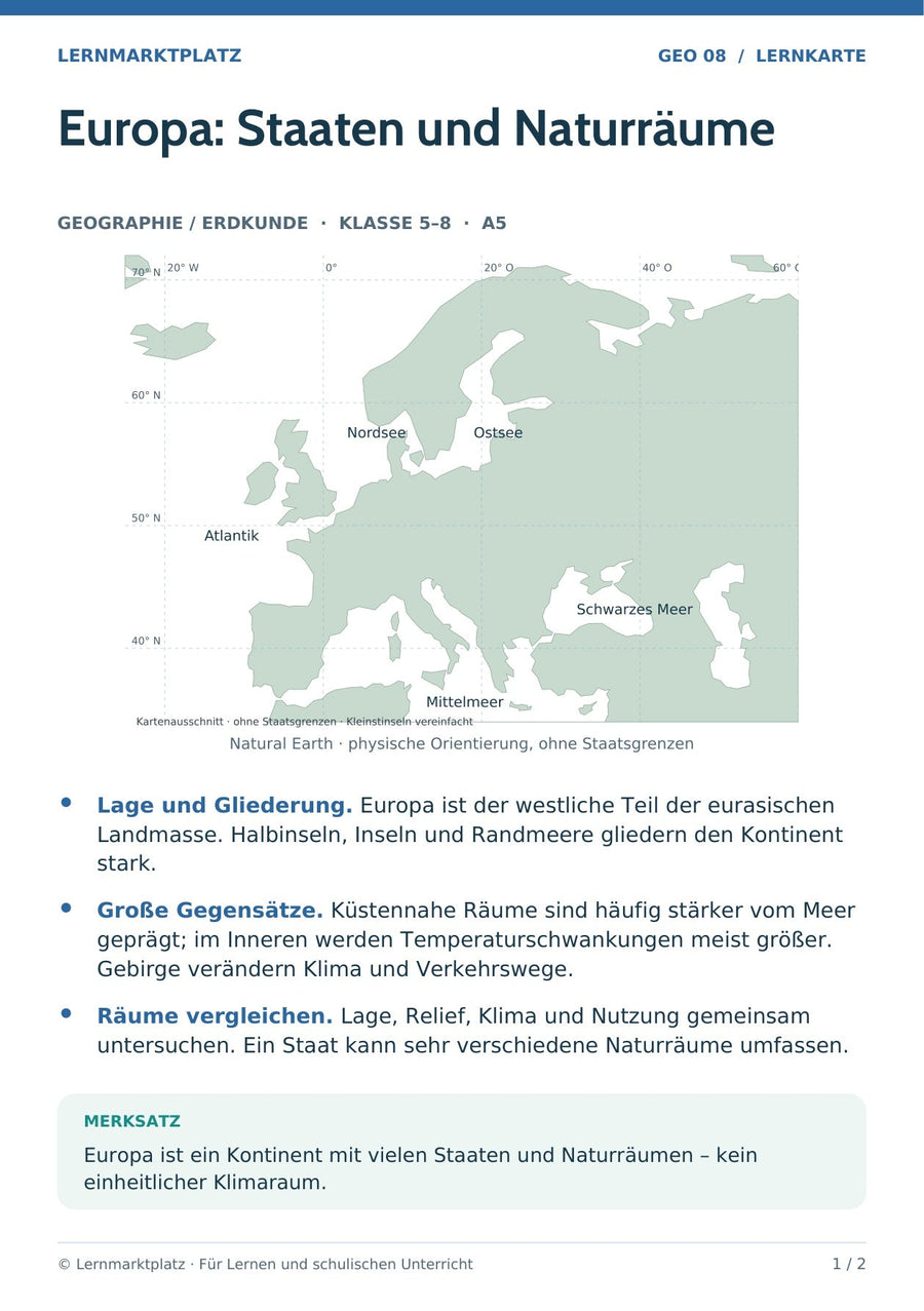 Geographie / Erdkunde: Europa: Staaten und Naturräume – Vorderseite der A5-Lernkarte