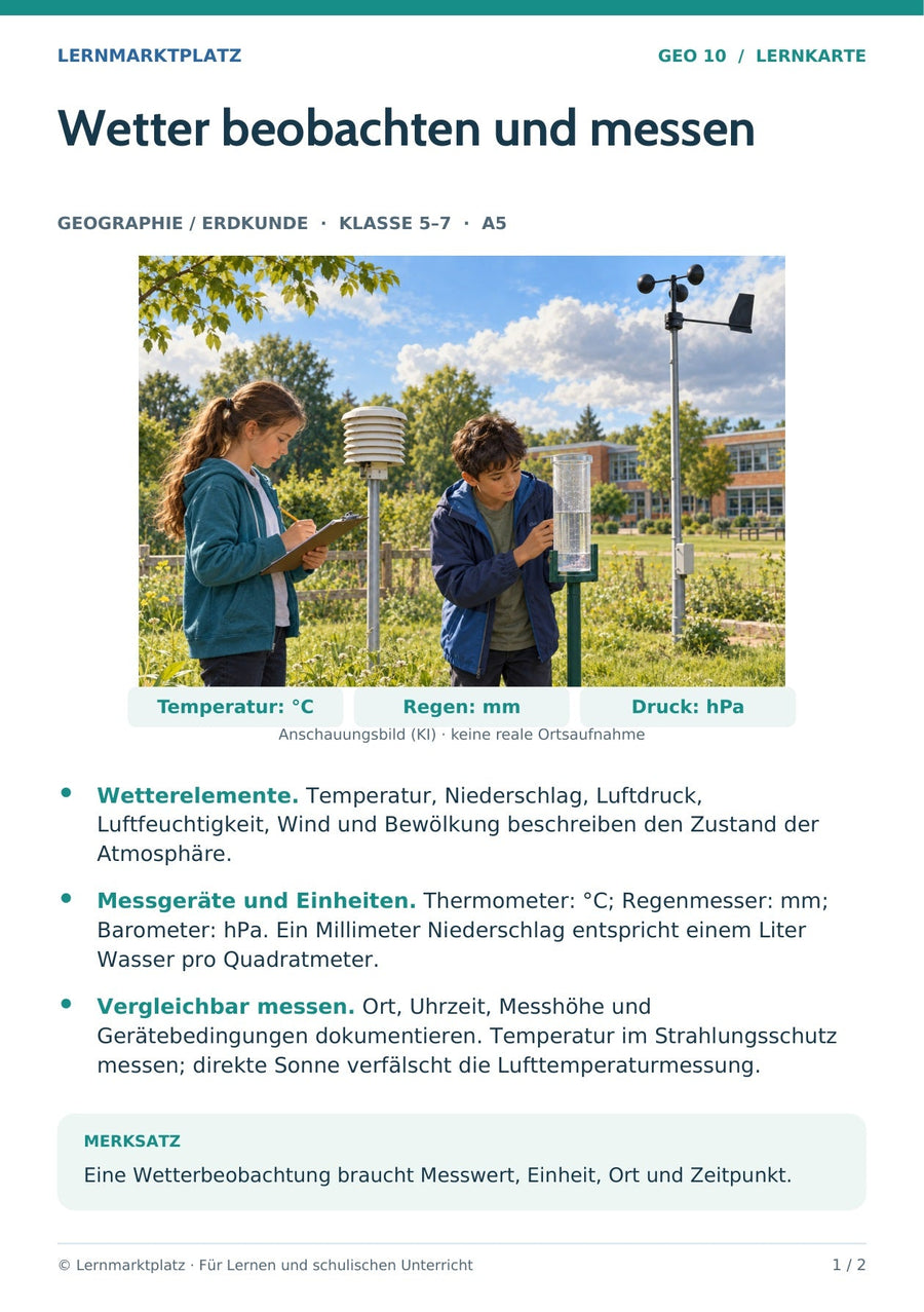 Geographie / Erdkunde: Wetter beobachten und messen – Vorderseite der A5-Lernkarte