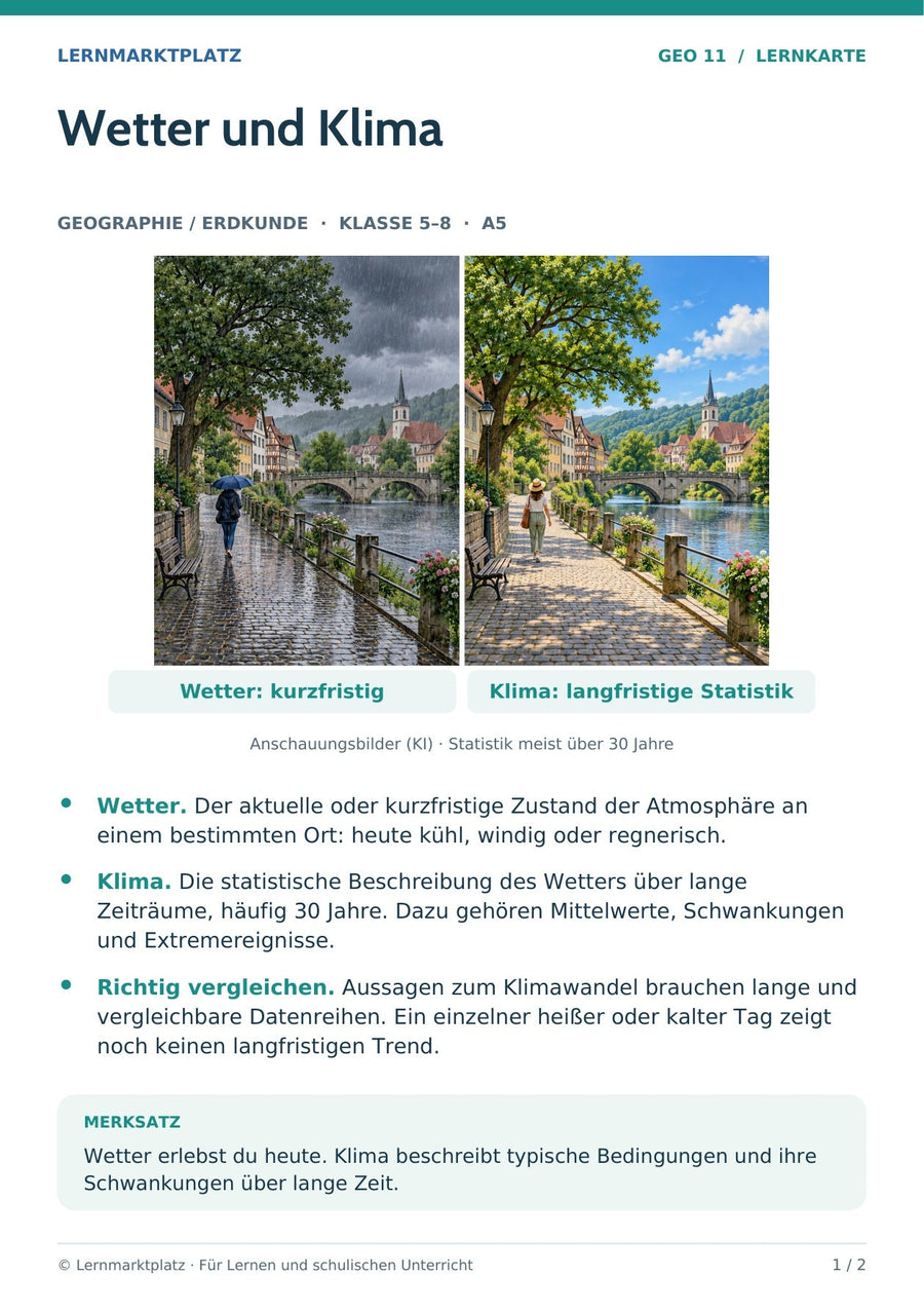 Geographie / Erdkunde: Wetter und Klima – Vorderseite der A5-Lernkarte