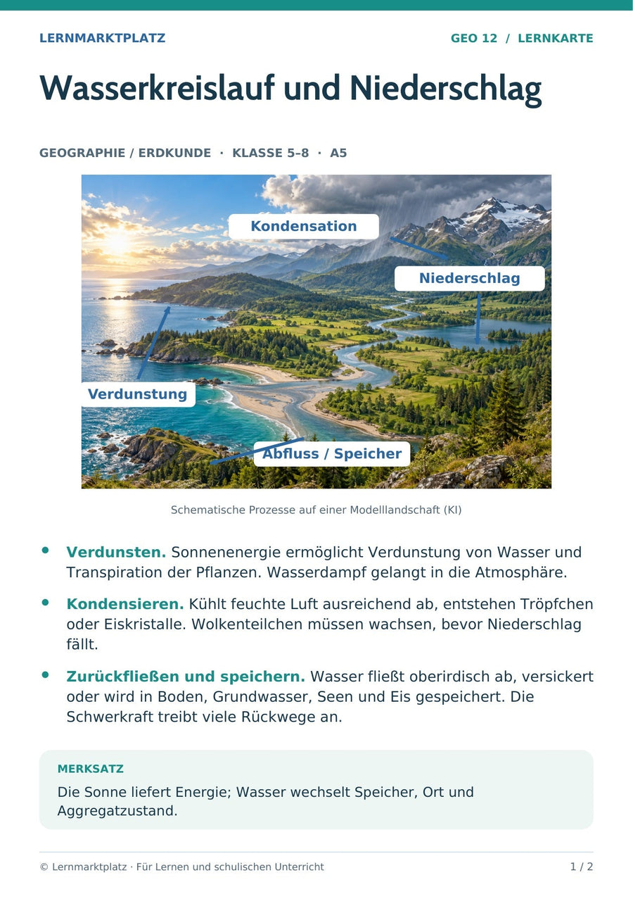 Geographie / Erdkunde: Wasserkreislauf und Niederschlag – Vorderseite der A5-Lernkarte