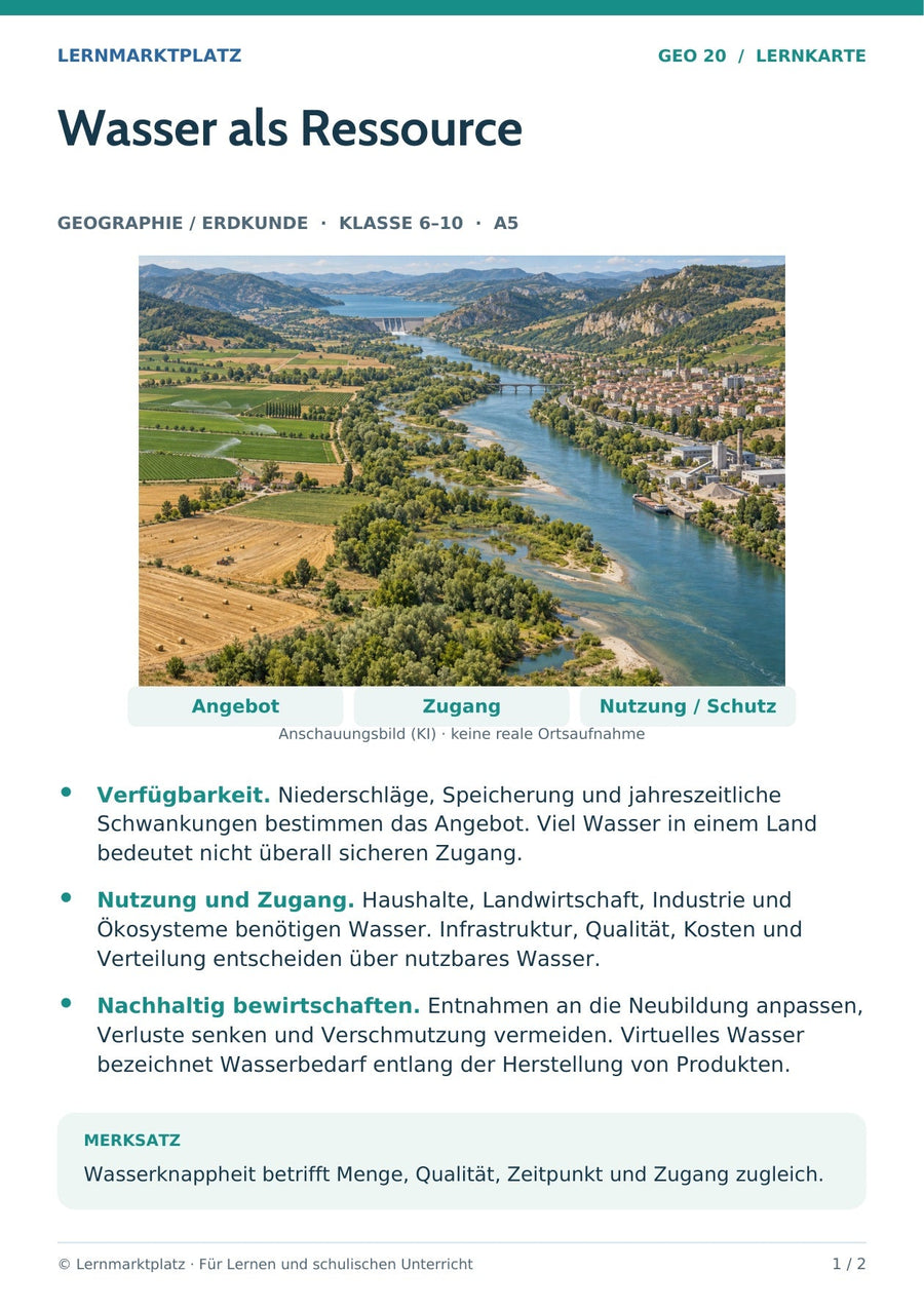 Geographie / Erdkunde: Wasser als Ressource – Vorderseite der A5-Lernkarte