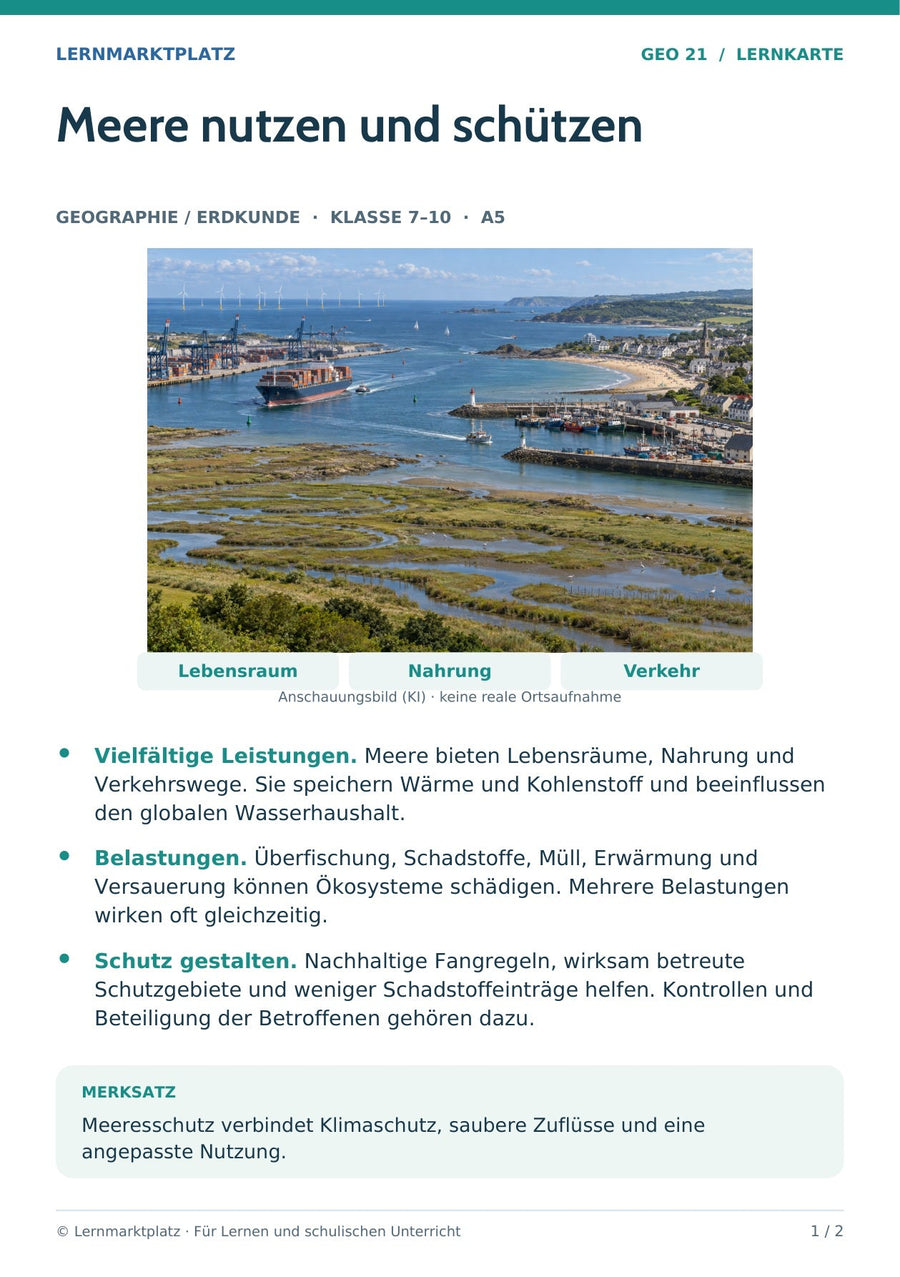 Geographie / Erdkunde: Meere nutzen und schützen – Vorderseite der A5-Lernkarte