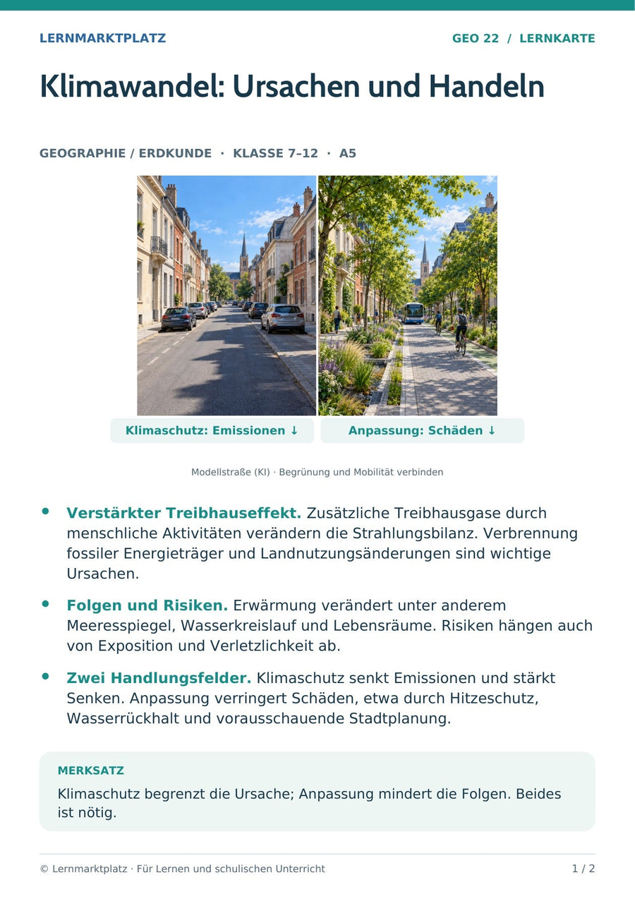 Geographie / Erdkunde: Klimawandel: Ursachen und Handeln – Vorderseite der A5-Lernkarte